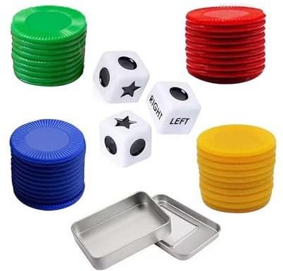 Sarini Gioco di dadi sinistra centro destra con 4 gettoni colorati, dadi a 3 stelle e istruzioni - Scatola di latta da 65 g, perfetta per feste, riunioni di famiglia e riunioni con gli amici