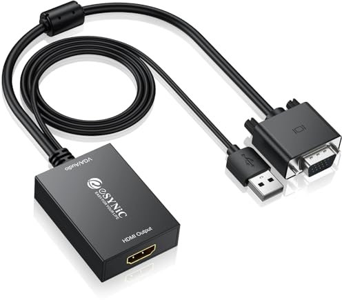 eSynic Tragbarer VGA-auf-HDMI-Adapter, 1080P Video-Konverter mit USB-Audio und Stromversorgung, Spiegel-/Erweiterungsmodi für PC zu Monitor, ABS-Schale (PC/Mac/Projektor kompatibel), 30 cm und 100 cm