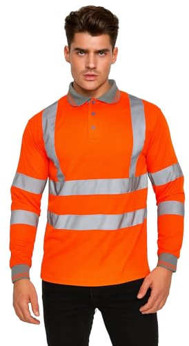 Candid Styles® Hi Viz High Visibility Long Sleeve Polo Shirts - Men's Reflective Tape Safety Hi Vis Security Work Breathable Lightweight Workwear T-Shirt Tops (Orange, X-Large)