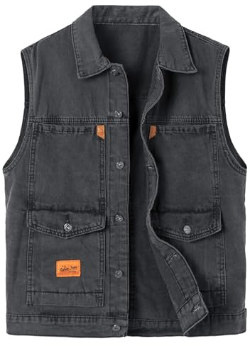 Yukirtiq Gilet Homme en Jeans Multi Poches Veste Courte sans Manches en Jean Vintage Gilet Denim de Moto Rétro Cowboy Gilet Jean, Noir, L