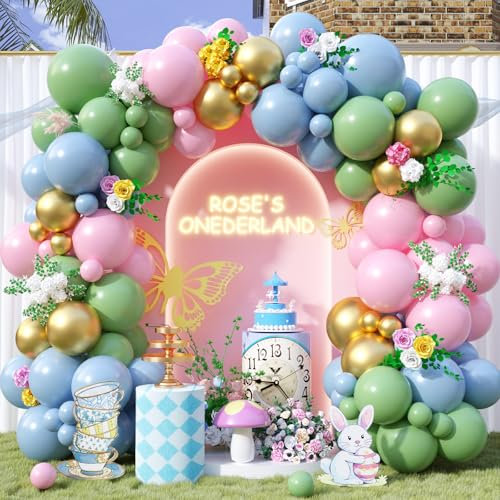 Wonderland Kit d'arche de ballons rose pastel, sauge, vert olive, doré métallisé, ballons rose clair, bleu pour filles, fête prénatale, anniversaire, floral, printemps, jardin, thé, fournitures de