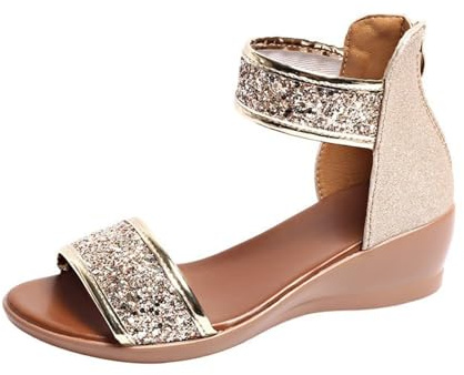 Kvinnors klassiska sandaler med kilklackar öppen tå högklackad dragkedja bakplatta lågblock tjocka klackar finskor damklänning sandaler storlek 8, Guld, 4 UK XX-Narrow