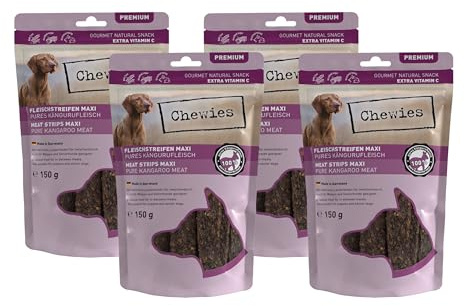 Chewies Köttremsor Maxi hundgodis tillverkade av 100% känguruficka – 4 x 150 g – lufttorkade känguru tuggremsor för hundar – sockerfritt och spannmålsfri – torkkött från känguru