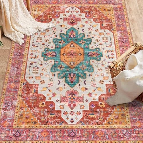 Taidianolp Teppich Zimmer Deko,Mädchenzimmer Oriental Medallion Vintage Multicolor, Petrol-Orange, 180 x 180 cm,Dekorative Teppiche für groß Schlafzimmer Raumdekoration
