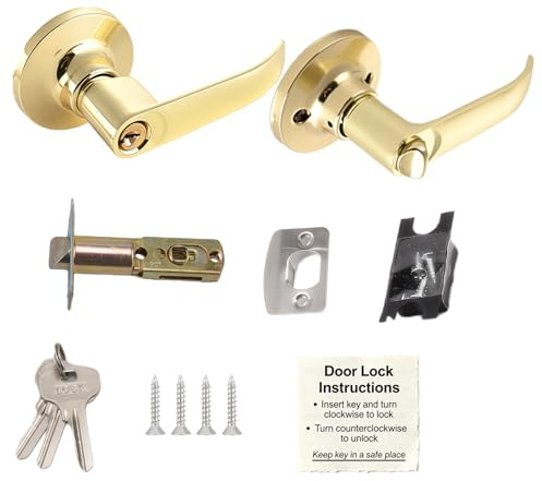 Cumnvulnt Manija de puerta con cerradura, juego de manijas internas de aluminio, cerraduras de privacidad duraderas, fácil de instalar para dormitorio, baño, puertas interiores, oficinas (dorado)