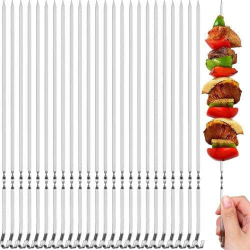 Pinchos de acero inoxidable para barbacoa, paquete de 25 pinchos reutilizables de diseño plano para carne y verduras, incluso para cocinar en el patio trasero barbacoa y camping