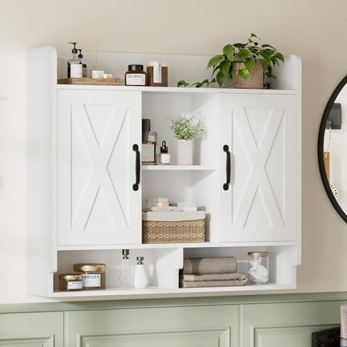 FiveWillowise White Bathroom Wall Cabinet, Wall Mount Storage Cabinet, Floating Medicine Cabinet with 5 Open Shelves and 2 Deep Cabinets Over The Toilet for Laundry Room, Kitchen