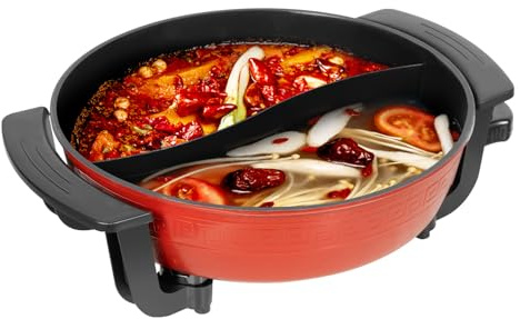 Food Party Hot Pot elektrisk 6 l, 1 360 W hotpot-gryta med 5 temperaturnivåer, kinesisk hotpot elektrisk gryta för stekning, matlagning, bräsering, non-stick-beläggning