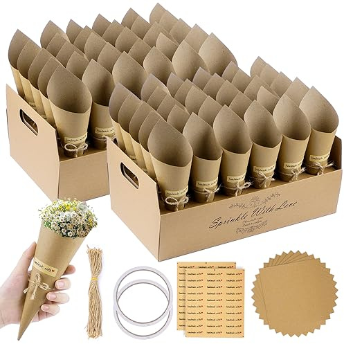 KALBIGRO 60 Piezas Conos Arroz Boda, Soporte Cucuruchos de Papel Kraft con 2 Cajas, Conos de Confeti para Decoración Fiesta Ceremonia, Marrón