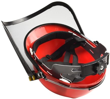 Lecreatekit Casco di sicurezza per motosega con protezione frontale in rete per tosaerba, decespugliatori e decespugliatori, fascia regolabile, struttura in plastica leggera e rete