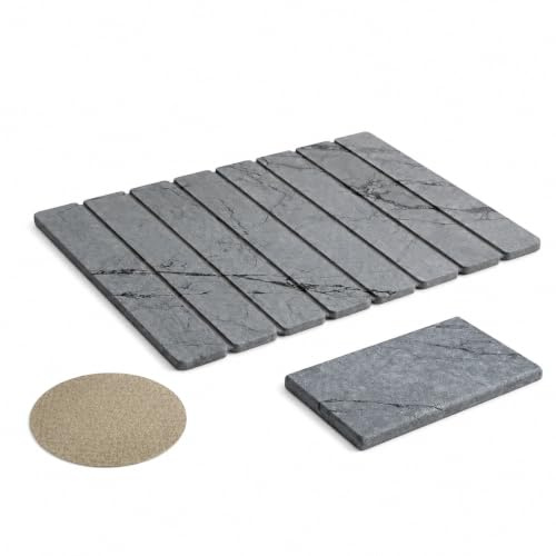 TRIKINS Alfombra Baño Diatomita 39x60 cm con Jabonera – Alfombrilla Baño Diatomita Super Absorbente - Secado Ultrarrápido – Antideslizante, Antibacteriana y Antimoho para Ducha, Baño y Cocina (Gris)