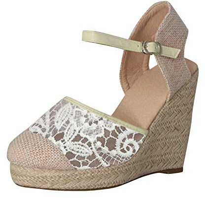 Minetom Espadrille Compensées Femme Elegantes Dentelle Sandales Talon Plateforme Lanière Cheville Sandale Chic Boucle Fond Épais Chaussures Beige 34 EU