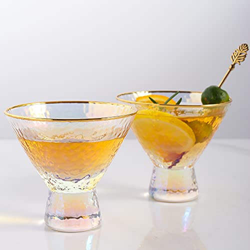Lysenn Stemless Martini Glasses Set of 2, Hammered Cocktail Glass, Gold Rim