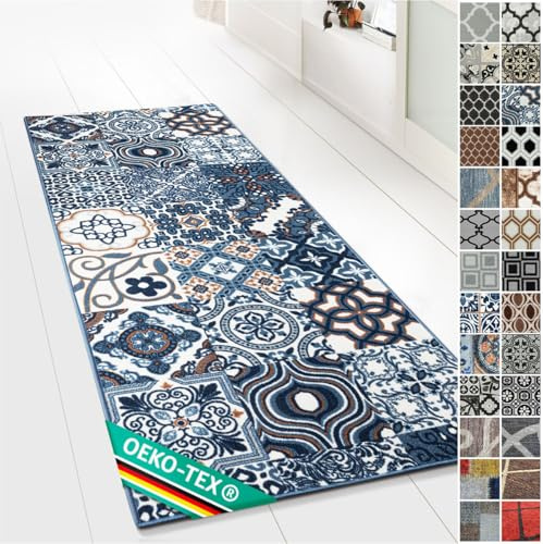 Alfombra de pasillo con patrón – Alfombra corredor para cocina, pasillo y sala de estar – Ornamento Vintage Oriental (80 x 300 cm), diseño de rejilla
