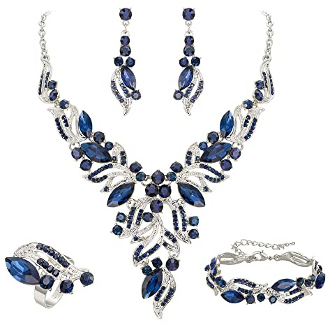 EVER FAITH Parure Bijoux Femme Mariage Mariée Cristal Marquise Feuille Collier Boucles d'oreilles Bracelet et Bague 4PCS Ensemble