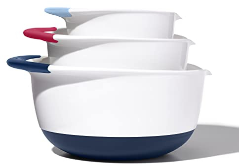 OXO,Plastic Good Grips 3-Piece Mixing Bowl Set – Blueberry, Jam & Seltzer Handles​,4.7 LITERS, Large