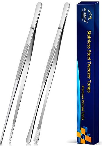 JETKONG 2 Pcs 12-Inch Cooking Tweezers Stainless Steel, Straight Food Tweezers, Professional Kitchen Tweezer/Forceps for Cooking Repairing and BBQ (12-Inch, Silver)