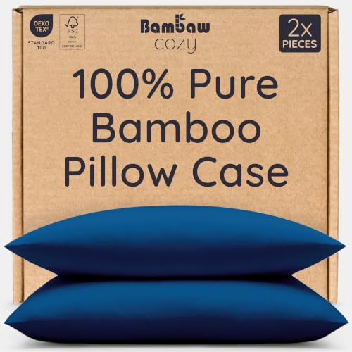 Bambaw Pillow Case, 100% Bamboo Pillowcase, Anti Dust Mite, Pillow Case, Soft and Breathable, 50x70cm, Navy, Pack of 2