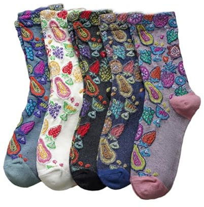 Vintage Embroidered Floral Socks for Women, Colorful Crew Socks (5 Pairs-Fruits)