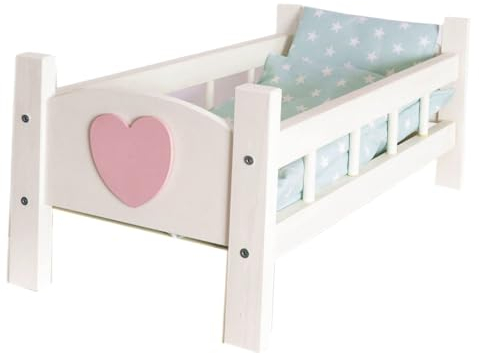 Love Gifts® Puppenbett Naturholz Spielzeug Holzspielzeug mit Textilausrüstung Bettwäsche (Kopfkissen & Bettdecke) Bett für Puppen, Sternenmuster