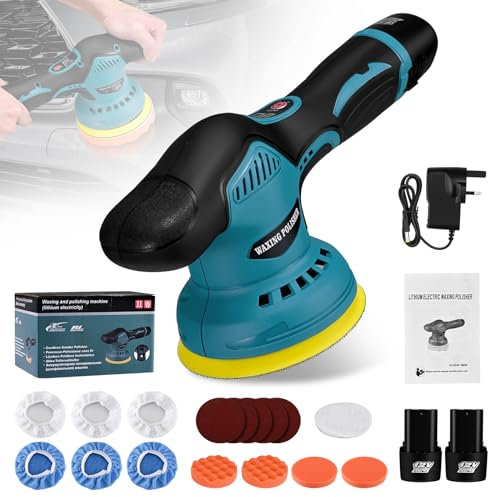 Car Polisher, Couleeur 12V Portable Polishing Waxer Machine Kit 2500-7000RPM, 8 Variable Speed,125mm Base for Car Detailing Brushless Car Polisher with 2 Rechargeable Battery