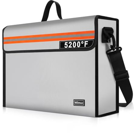 Wilmuz Fire Proof File Box for Documents with Shoulder Strap 5200℉ Insulated,14.9x11.8x4.7Fireproof Document Bag with Reflective Strip,Fireproof Box for Money,Valuables,Jewelry(Silver)