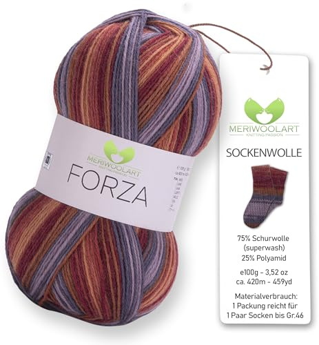 MeriWoolArt® Filato Calza 4 Fili – Gomitolo da 100g in Lana Merino per Maglia e Uncinetto, 75% Lana Vergine (Superwash), 25% Poliammide, 420m – Ideale per Calze da Uomo e Donna, Maglioni e Cardigan