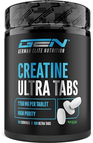 Creatine Ultra Tabs - 300 comprimés contenant chacun 1150mg de pure créatine monohydrate - 100 applications - Premium : Ultra fin + facteur de maille de 200 - Hautement dosé - Vegan