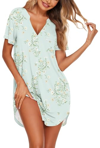 Ekouaer Camisones para mujer, vestidos de noche con botones, camisa de dormir de manga corta, cuello en V, camisón suave para dormir | Camisón suave con cuello en V, pijama para noche, dormir, dormitorio, trabajo de parto, maternidad, enfermería, hospital