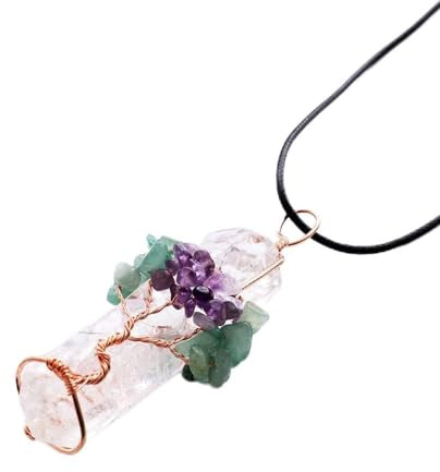 Natural Stone White Crystal Pendant Necklace, White Crystal Column Colorful Gravel Winding Twist Wire Pendant Handmade Jewelry Reiki Yoga Energy Necklace