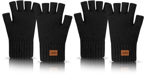 VEGCOO 2 Paia Guanti Senza Dita Invernali, Guanti Mezze Dita Guanto Caldi Lavorati a Maglia, Elasticizzati Guanto Invernali per Donna Uomo (Nero)