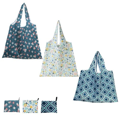 BAOWUABJ 3Pcs Reusable Shopping Bags, Foldable, Washable Grocery Bags Foldable in a Pouch Eco Tote Shopping Bag Groceries Tote Bags for Daily Shopping Loading (Mixed color-2)