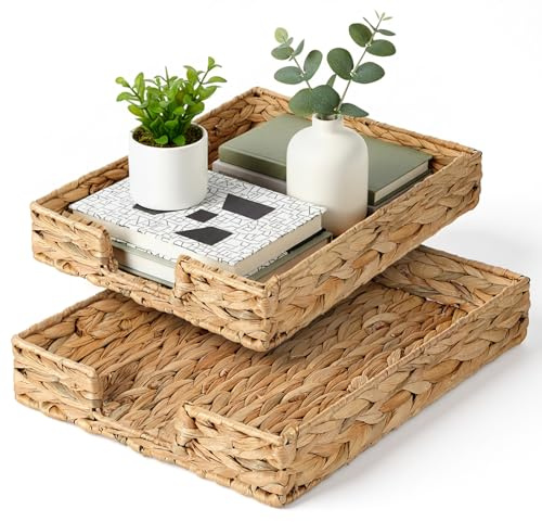 2 Pcs A4 File Tray, Water Hyacinth Desk Basket, Wicker Paper Tray File Baskets, Woven Letter Size Documents Trays, Magazine Files Storage Basket Organizer Bin for Office, Toilet, Desk