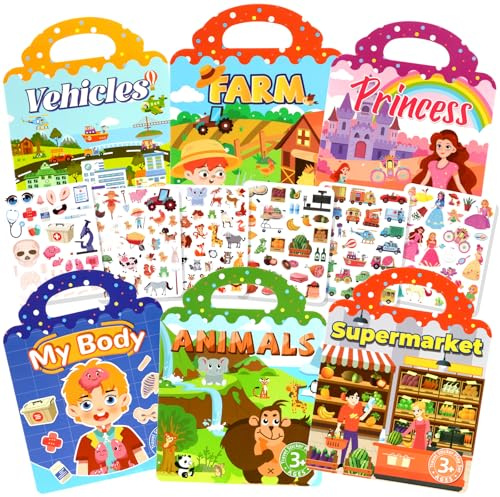 BuyCard Reusable Sticker Book - 6 Pack 3D Sticker Book for Kids for 2+ Year Olds Travel Airplane Activity for Kids Scene Storybook Sticker Gift for Boys Girls (Pink+6PCS)