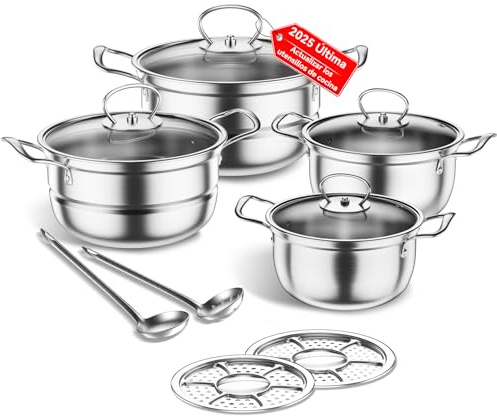 Juego de utensilios de cocina de acero inoxidable, 12 piezas de utensilios de cocina de inducción, vaporera y cuchara, apto para inducción, con vidrio, sin revestimiento (plata)