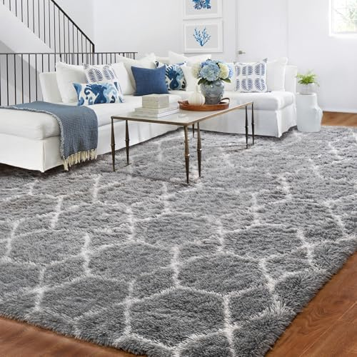 BYBSRLL Hochflor Teppich Hellgrau und Weiß Teppiche Wohnzimmer 150x210 Antirutsch Waschbare Große Weich Flauschig Schlafzimmer Teppich Kinderzimmer Mädchen Jungen, Langflor Bettvorleger