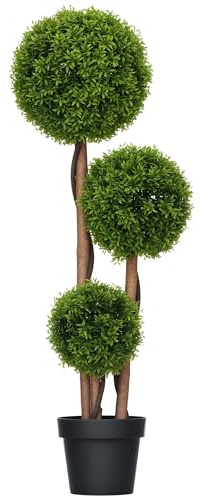 HOMCOM Bosso artificiale grande 110 cm, pianta artificiale resistente ai raggi UV come quella vera, pianta artificiale in vaso, albero artificiale con 3 sfere, muschio artificiale, foglie di bambù