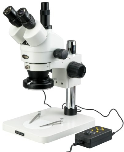 AmScope SM-1TSX-144A Professional Trinocular Stereo Zoom Microscope, WH10x Eyepieces, 3.5X-45X Magnification, 0.7X-4.5X Zoom Objective, Four-Zone LED Ring Light, Pillar Stand, 100V-240V, Includes 0.5X Barlow Lens