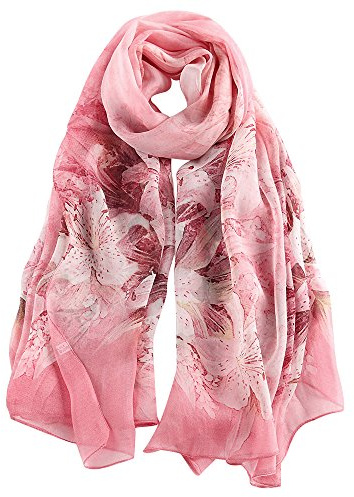 STORY OF SHANGHAI 100% Mulberry Silk Scarf for Women Brilliant Pink Flower