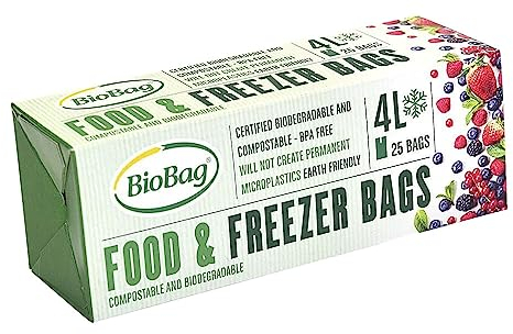 BioBag 4L Food and Freezer 25 Eco-Friendly, Micro Plastic Free Kitchen Bags, Plant-Based bioplastic (Corn Starch & Biodegradable polymers), Certified compostable (EN13432), 4 litres, Clear