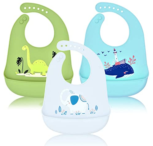 FILOWA Baby Lätzchen Silikon mit Auffangschale, 3 Stück Silikon-lätzchen Babylätzchen Wasserdichte Abwaschbar Verstellbare Fütterung Einfache Reinigung Weiche Lätzchen für Kleinkinder Baby,BPA Frei
