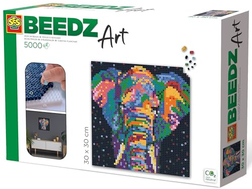 SES Creative: Beedz Art - Elephant Fantasy - Iron-On Beads Set - 500 Fusible Beads, 12x12 Animal Design Wall Art, DIY Craft Activity, Teens & Adults