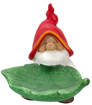 Bubble-Store Gartenzwerg für außen, Vogeltränke oder Vogelfutterschale, Gartendeko Figur Zwerg mit großem Blatt zum Befüllen mit Wasser oder Vogelfutter, Mehrfarbig