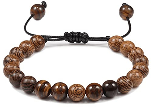 TOSSPER Natural Wooden Bead Bracelet for Women Mens Adjustable Prayer Wood Beads Bracelets Bangles Hand Jewelry Accessories, 7.48 inch