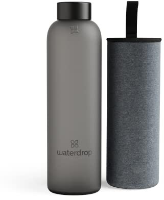 waterdrop® Edition Glass Bottle 1l Trinkflasche Glas auslaufsicher, Kohlensäure geeignet,BPA freie Wasserflasche inkl. Neoprenhülle,Spülmaschinenfeste, Leichte Borosilikat Glasflasche, Schwarz