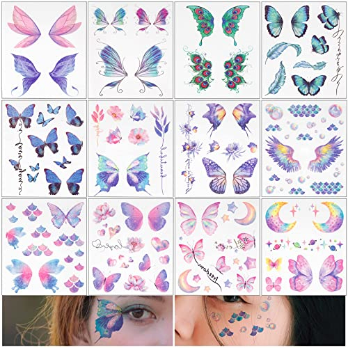 BETESSIN 12 Fogli Tatuaggi Temporanei Viso Occhi Donna Farfalla Ali di Angelo Tatuaggi Adesivi Trucco Make Up Viso Occhi Donna Ragazza Bambina per Festa di Costume Ballo Carnevale Halloween