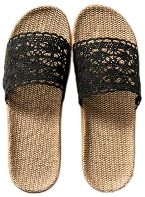 SJTJSPX Pantoufle Femme Fille en Lin - Sandales de Plage Légères Antidérapantes - Mules Respirantes d'Été - Chaussons Dentelle pour Invités, Bain, Piscine, Spa - Slippers