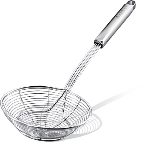 Anaeat Stainless Steel Spider Strainer Skimmer - Solid Kitchen Strainer Ladle with Long Handle for Cooking and Frying, Reinforced Double Coil Slotted Spoons for Pasta, Noodle, Spaghetti (5.5 Inch)