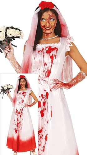 FIESTAS GUIRCA | Disfraz Novia Sangrienta Mujer - Vestido Largo - Talla M | Incluye Velo y Accesorios | Poliéster | Efecto Ensangrentado | Apropiado para Halloween y Carnaval