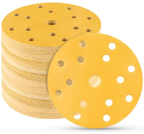 STEBRUAM 50 st slipskivor 150 mm, 120 korn 15 hål set runda hål papper glas 150 mm för Orbital slipmaskin giraff för trä, metall